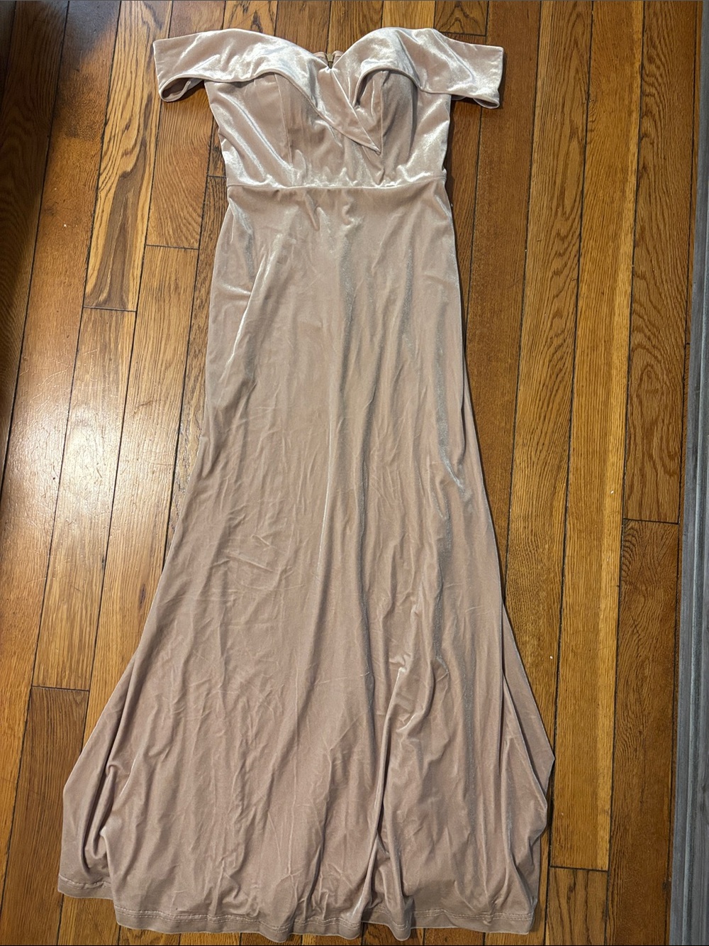 Off-Shoulder Champagne Velvet Evening Gown